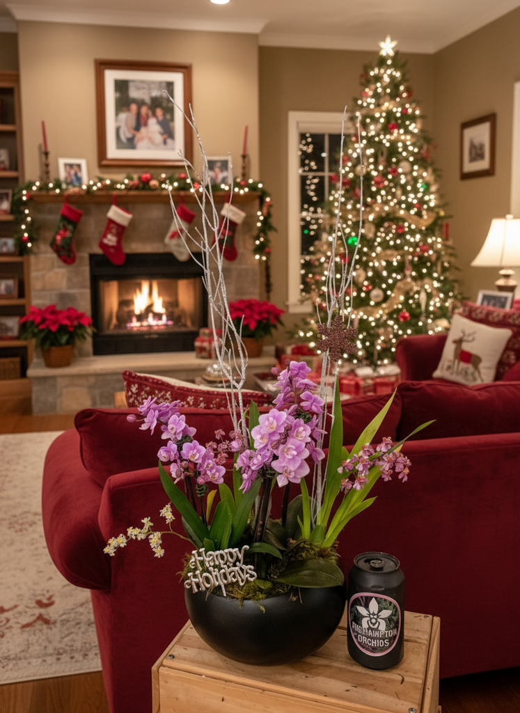 Living room with Christmas decorations, including a tree, stockings, and a fireplace.